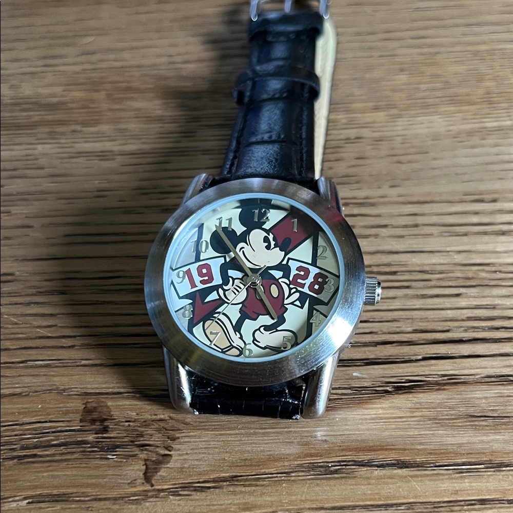 Mickey Mouse Watch with Black Leather Strap
